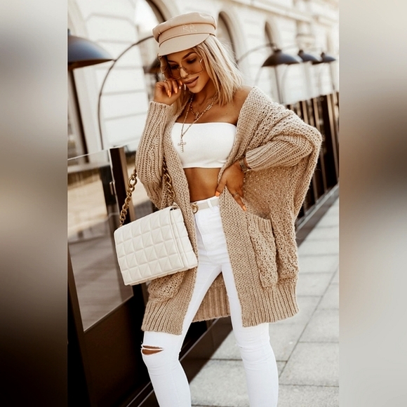 LAST ONE! Plus Size AVA Oversized Tan Knitted Cardigan - Picture 5 of 6